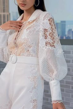 Elegant Crochet Lace Top For Party, Elegant Crochet Lace Party Top, Elegant Long Sleeve Lace Top With Patchwork, Elegant Long Sleeve Lace Patchwork Top, Feminine Summer Lace Top With Lace Cuffs, Elegant Summer Lace Top With Lace Sleeves, Party Long Sleeve Blouse With Crochet Lace, Chic Party Blouse With Crochet Lace, Chic Long Sleeve Blouse With Lace Work