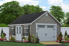 a garage with two doors and windows on the side