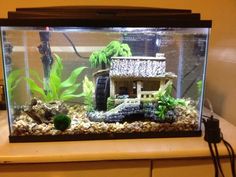 an aquarium filled with plants and rocks on top of a wooden table next to a wall