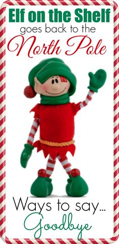 a red and white striped christmas card with an elf holding a candy cane in his hand