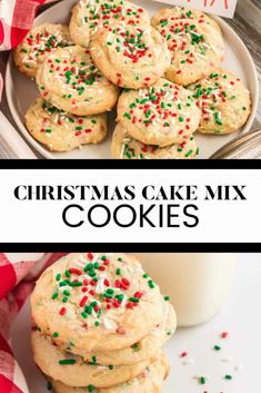 christmas cake mix cookies with sprinkles on a plate and in the background