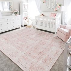 Light Pink Nursery Rug, Nursery Rug On Carpet, Nursery Carpet Ideas, Antique Pink Nursery, Blush Pink Toddler Bedroom, Rose Themed Nursery, Pink And Brown Nursery, Bedroom Blush Pink, Girl Nursery Rug