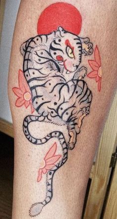 a tiger tattoo on the leg of a woman