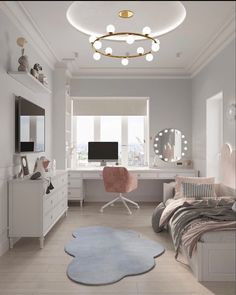 a bedroom with a bed, desk and mirror