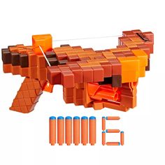 an orange and brown lego dog toy with eight pieces in it's back end