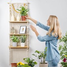 a woman placing plants on a shelf in front of a wall hanging planter and other potted plants