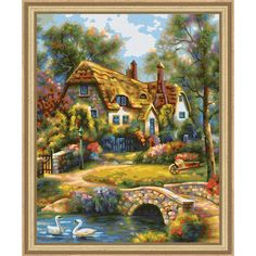 a painting of a house with swans in the water