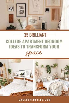 a bedroom with pictures on the wall above it and text overlay that reads 35 brilliant college apartment bedroom ideas to transform your space