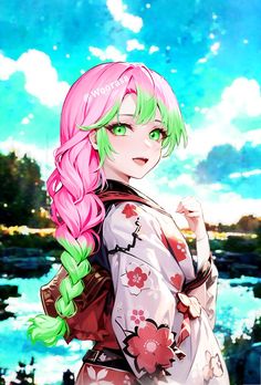 a woman with pink hair and green eyes standing in front of a body of water