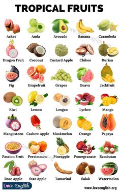 an image of tropical fruits and their names