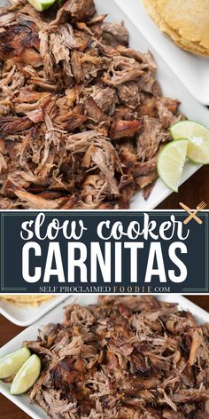 slow cooker carnitas on a plate with lime wedges