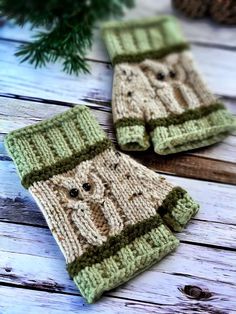 two knitted mittens sitting on top of a wooden table next to pine cones