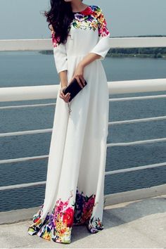 Floral Print 3/4 Sleeve Maxi Dress Gorge Dresses, Sukienki Maksi, Closet Wishlist, Diva Style, Dream Fashion, Fancy Gowns, White Evening Dress, Elegant Maxi Dress, Outfit Trends