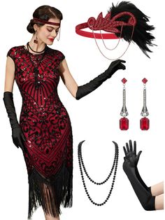 a woman in a red flap dress and black gloves is holding an object with chains