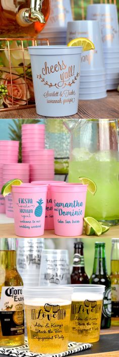 there are many cups that have different flavors on them and one is filled with lemonade