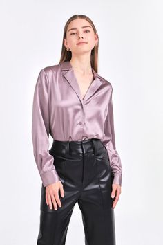 Solid satin, relaxed fit, v-neckline button down shirt, available in navy and taupe. 100% Polyester Elevate Your Outfit, Outerwear Trends, Over Shirt, Your Outfit, Trending Now, Sweater Skirt, Dress Accessories, Bottoms Pants, Jumpsuit Dress