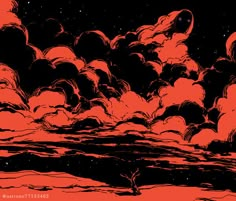 an orange and black illustration of clouds in the night sky, with stars above them