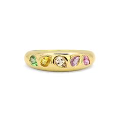 Add a pop of color to your jewelry collection with our Mosaic 18K Gemstone Gypsy Ring! This unique and playful ring features multi-colored pear cut gemstones set in a mosaic design on an 18K gold band. Perfect for stacking or making a statement on its own, this ring adds 0.97 ct of gemstone elegance to any outfit. Mosaic Wedding Band, Fine Jewelry Multicolor Rings With Rose Cut Diamonds, Multicolor Rose Cut Diamond Rings, Gold Teardrop Multi-stone Ring, Yellow Gold Multi-stone Teardrop Rings, Unique Gemstone Rings, Mosaic Wedding, Family Ring, Family Rings