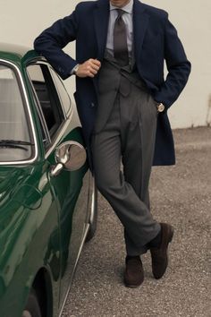 Navy Blue Overcoat Outfit with a grey suit Anime Bodies, Grey Pants Men