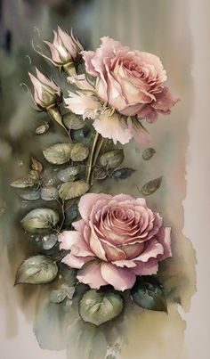 two pink roses with green leaves on a watercolor painting background, one is in the foreground