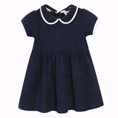 95% Organic Cotton & 5% Polyester: Eco-friendly, breathable and Hypoallergenic material. Care: Machine wash on low or delicate. Dry on gentle or low.Colors Available: Navy Blue or White. Casual Cotton Dress With Peter Pan Collar, Cute White Collared Dress, Classic Summer Dress With Peter Pan Collar, Classic Navy Spring Dress, Classic Navy Summer Dress, Organic Cotton Dress, Cotton Dress, Toddler Outfits, Cotton Dresses