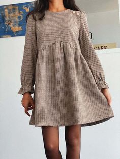 Robe Kalin Plaid Cotton Midi Dress For Fall, Fall Plaid Cotton Midi Dress, Long Sleeve Cotton Plaid Dress For Fall, Long Sleeve Plaid Cotton Dress For Fall, Casual Long Sleeve Tweed Dress, Beige Long Sleeve Cotton Mini Dress, Casual Brown Plaid Dress For Fall, Long Sleeve Brown Plaid Dress For Fall, Brown Cotton Midi Dress For Fall