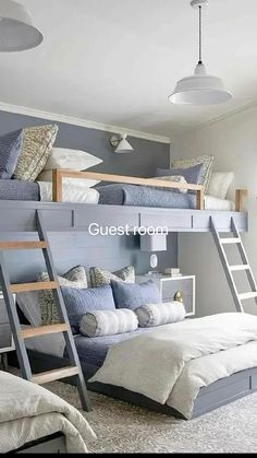 a bedroom with bunk beds and blue walls