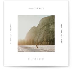 an image of a person walking in the snow with mountains and trees behind them, text reads save the date