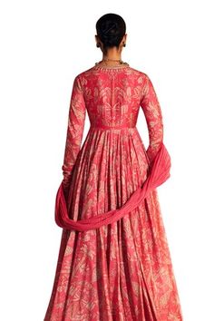 Fuchsia pink chanderi anarkali with floral printed motifs embellished by sequins-beads and attached jacket panel bodice. Comes with sheer dupatta. - Aza Fashions Banarasi Silk Anarkali Set With Dori Work, Fitted Banarasi Silk Anarkali Set With Resham Embroidery, Fitted Cotton Silk Anarkali Set For Navratri, Fitted Slub Silk Salwar Kameez With Self Design, Fitted Anarkali Banarasi Silk Churidar, Fitted Banarasi Silk Anarkali Traditional Wear, Fitted Banarasi Silk Anarkali Set With Dupatta, Fitted Slub Silk Traditional Wear With Self Design, Fitted Floor-length Cotton Silk Salwar Kameez