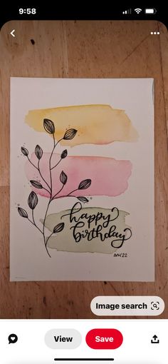 a card with the words happy birthday on it, and a drawing of a plant