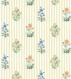 a striped wallpaper with flowers and leaves on the bottom, yellow stripes in the background