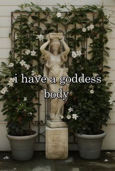 a statue sitting in front of some potted plants with the words i have a goddess body