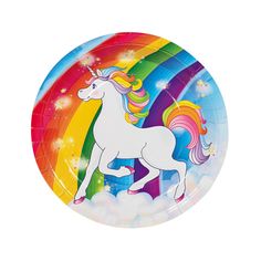 an image of a paper plate with a unicorn on the front and rainbow in the back