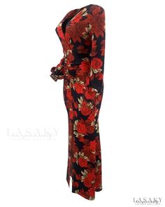 Lasaky - Long dress with floral print and long sleeves with slits on the thighs Maxi Pattern, Dress With Floral Print, Long Sleeve Print Dress, Floral Decoration, Dress Size Chart, Olivia Mark, Floral Decor, Blue Brown, Sleeve Styles