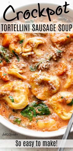 a white bowl filled with tortelli sausage soup and garnished with parsley