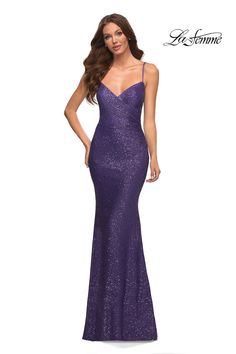 Elevate your evening with the La Femme 30622 Sequin Column Evening Dress. A vision of elegance and allure, this dress features a deep V-neckline, corset lace-up back, and intricate ruching with multi-colored sequins. With a long fitted silhouette and slim straps for support, make a bold statement at your next special occasion. Gala Sequin Dress With Corset Back For Prom Season, Sequin Dress With Corset Back For Prom Gala, Evening Dresses With Sweetheart Neckline And Ruched Back, Fitted Sequin Dress With Sweetheart Neckline For Gala, Evening Sequin Dress With Corset Back For Prom, Sequin Dress With Corset Back For Prom Evening, Sequin Dress With Corset Back For Prom Season, Gala Evening Dress With Lace-up Back And Fitted Bodice, Purple Sequined Evening Dress With Fitted Bodice