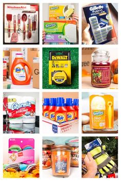 the collage shows many different types of household cleaning products in various pictures, including soaps, toothpaste and mouthwash