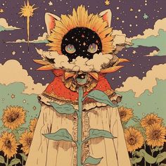 an image of a cat with sunflowers in the sky and clouds behind it