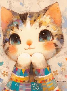 a painting of a cat with blue eyes and colorful clothes on it's chest