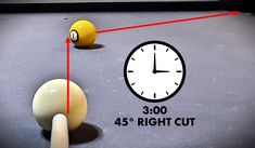 a pool table with balls and a clock on it