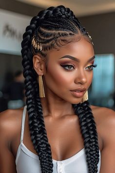 Fabulous Afro Hair Ideas for Every Occasion Two Braids Wedding Hair, Braids Wedding Hair Black Women, Cornrow Extension Hairstyles, Braids For Long Hair Black Women, Braids With Gold Accessories, Spiral Curls For Black Women, Braids With Jewels, Updo Braids For Black Hair, African Hairstyles For Women