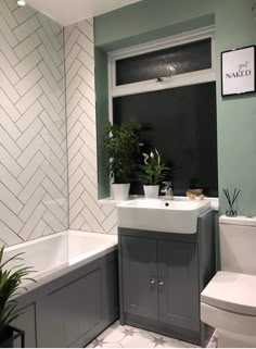 a white toilet sitting next to a bath tub in a bathroom under a window with potted plants