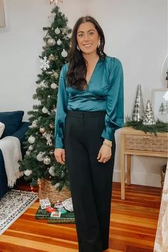 Holiday outfit Holiday party, Christmas outfit, new years outfit, satin top, wide leg trousers #LTKSeasonal #LTKHoliday #LTKstyletip Blue Trousers Outfit, Outfit Holiday, Christmas Fits, Trousers Outfit, Holiday Outfits Women, Trouser Outfit