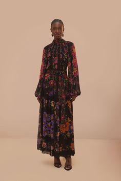 Black Floral Scarves High Neck Maxi Dress Long Dress With Boots, Floral Scarves, Brazilian Clothes, High Neck Maxi Dress, Ladies Day Dresses, Tiered Maxi Skirt, Women Long Sleeve Dress, Womens Floral Dress, Womens Cocktail Dresses