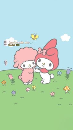 hello kitty and poodle in the grass with butterflies flying above them on a sunny day