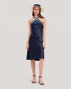 This season's staple dress cleverly combines art-deco elements with 100% natural silk fabric. Cut on the bias, the halter dress has more stretch and suits any shape. Silk Halter Dress, Staple Dress, Silk Bedding Set, Silk Bedding, Silk Dress Long, Silk Knit, Stripe Silk, Basic Dress, Silk Charmeuse