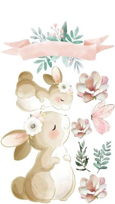 two rabbits and flowers with a pink ribbon on the top, one bunny is sitting down