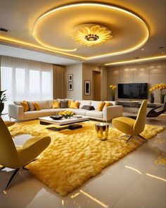 the living room is decorated in yellow and white colors with modern furniture, rugs and lighting