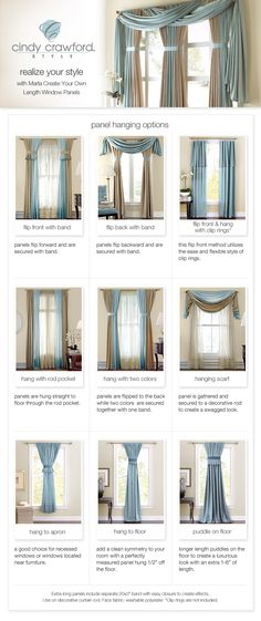 the instructions for how to tie curtains in different styles and colors, including light blue