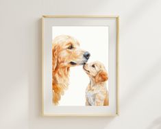 a watercolor painting of a golden retriever and its puppy dog kissing in front of a white wall